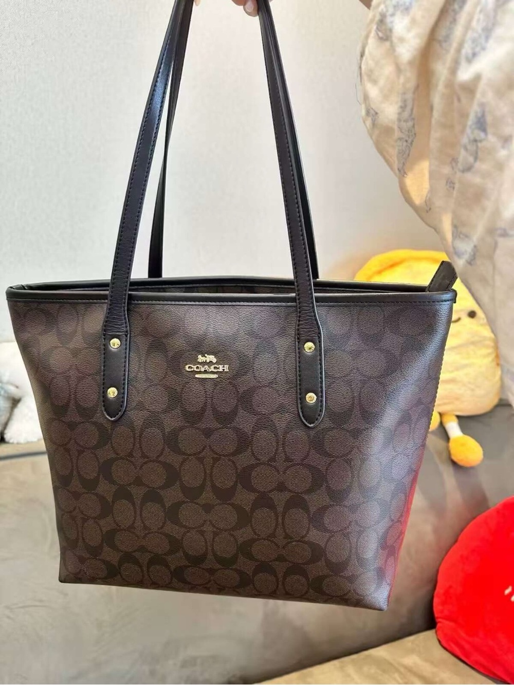 Coach Brown Monogram Tote with Black Straps and Gold Hardware